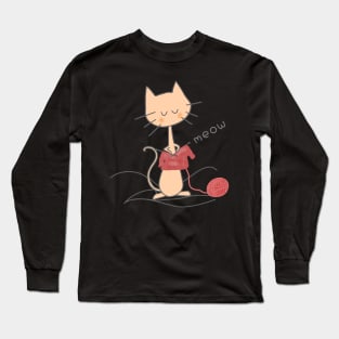 Orange Knitting Cat - Black Long Sleeve T-Shirt